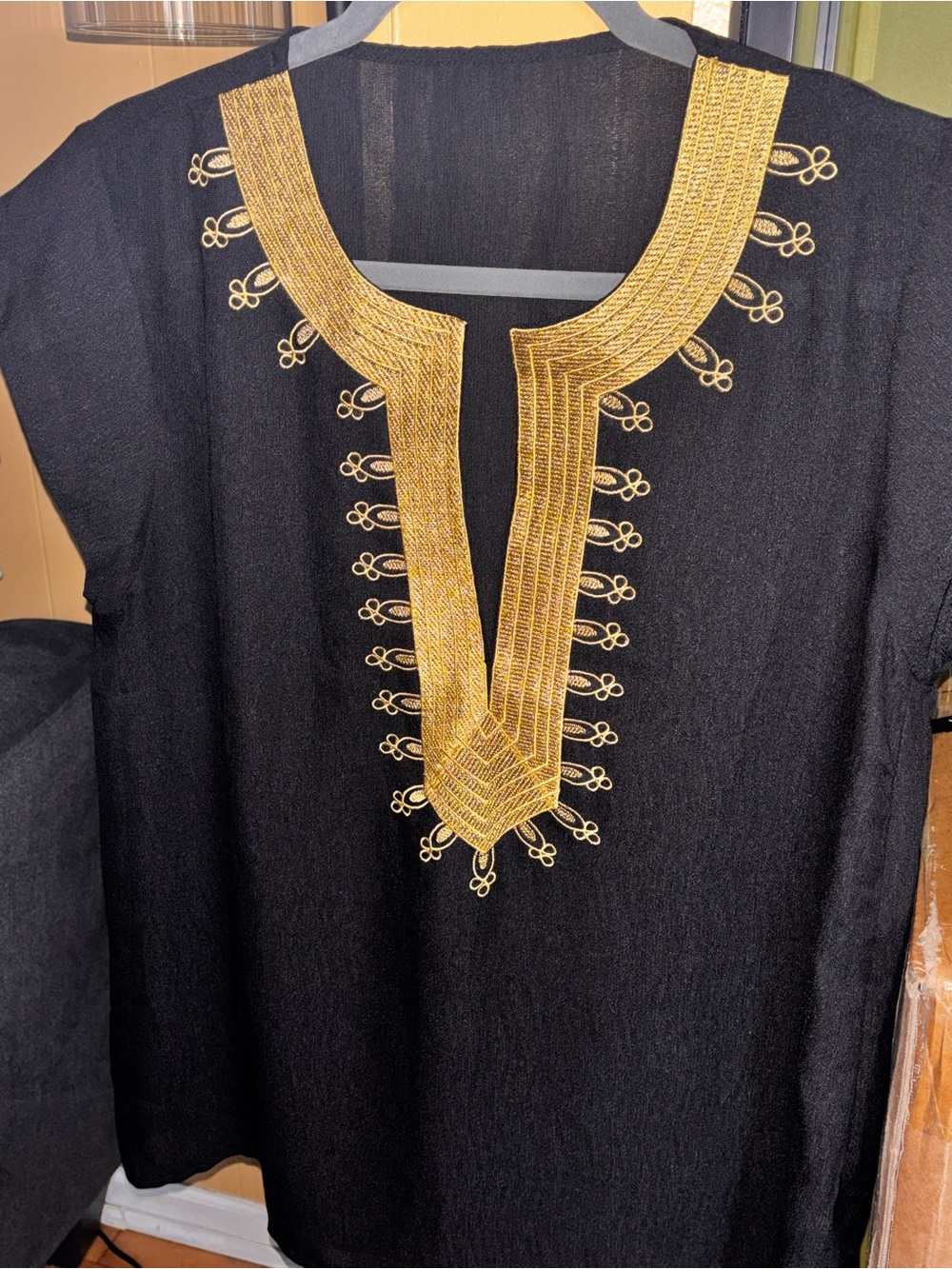SHEIN Black Tunic Top with Gold Embroidered Neckline